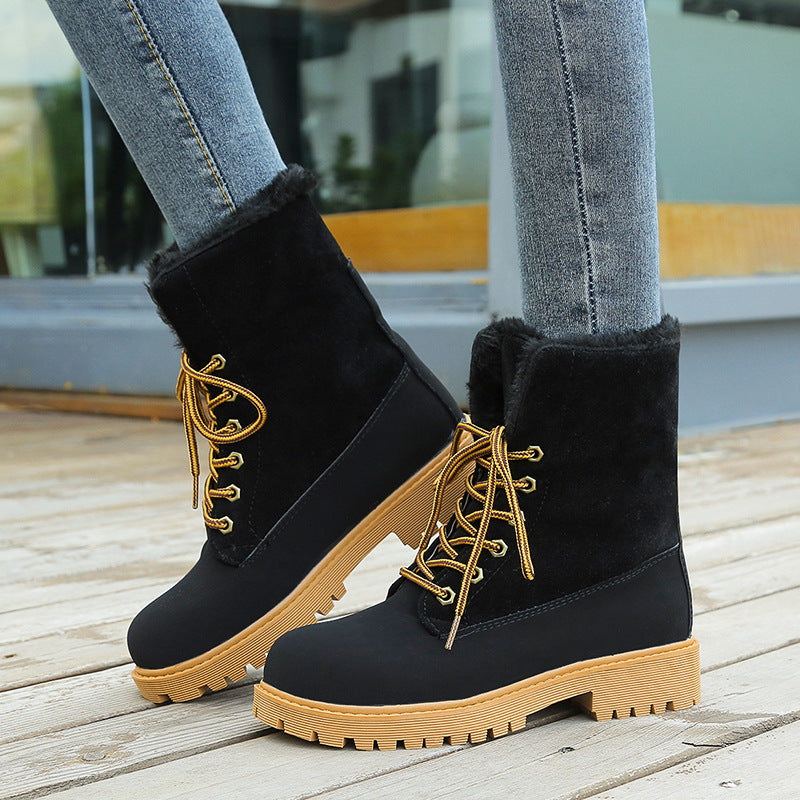Women's Winter Ankle Boots - Round Toe Lace-Up Design