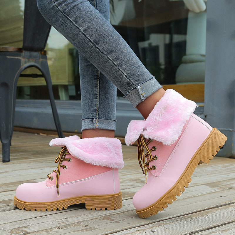 Women's Winter Ankle Boots - Round Toe Lace-Up Design