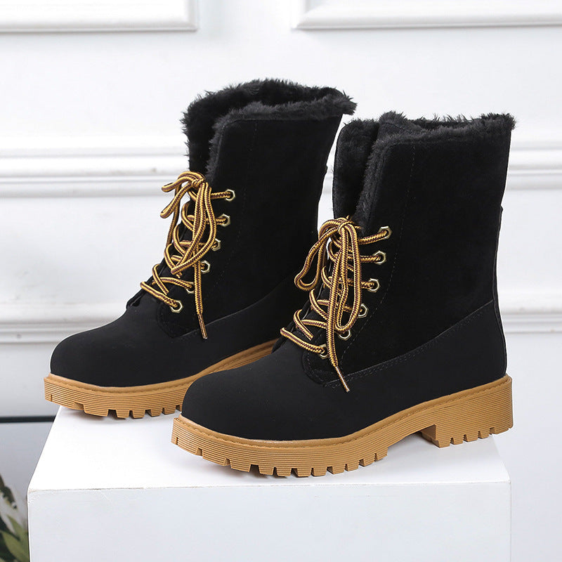 Women's Winter Ankle Boots - Round Toe Lace-Up Design