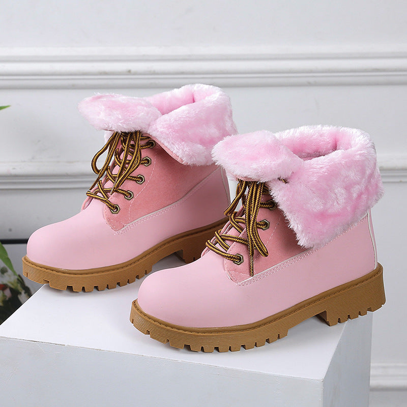 Women's Winter Ankle Boots - Round Toe Lace-Up Design