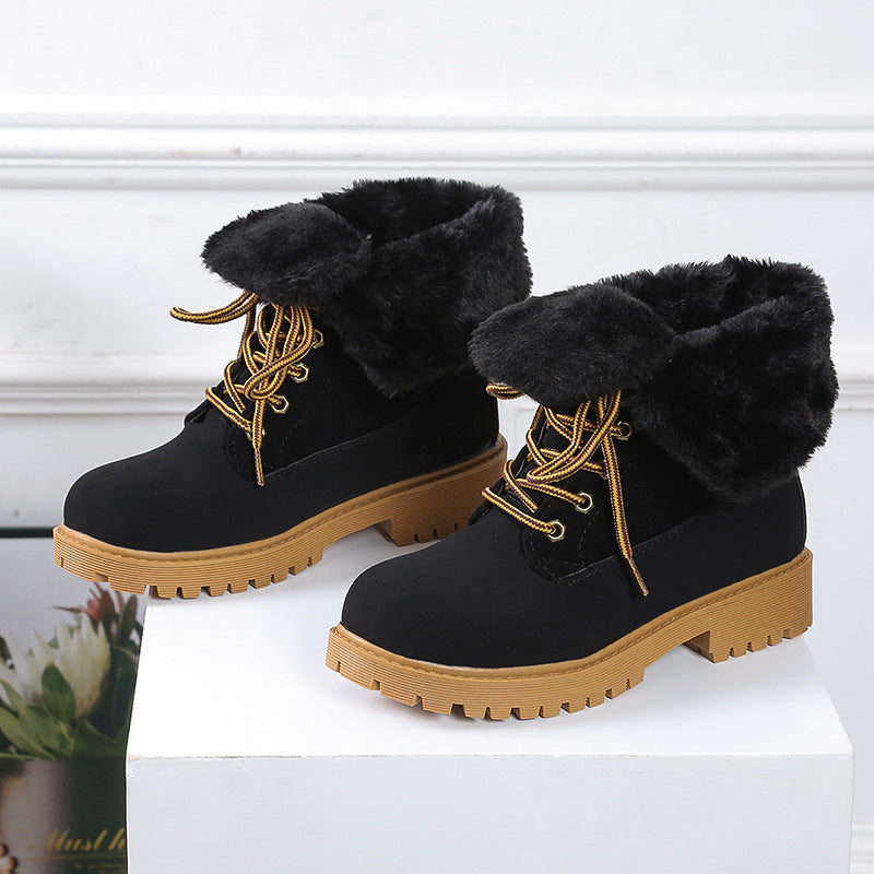 Women's Winter Ankle Boots - Round Toe Lace-Up Design